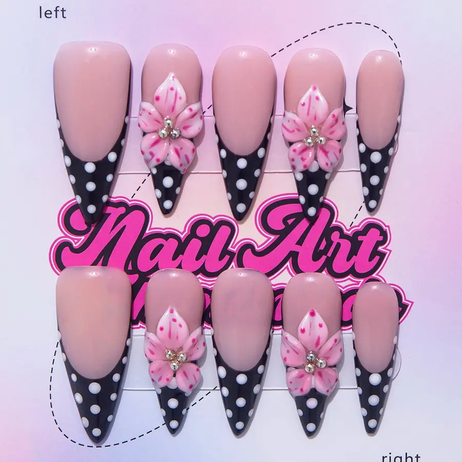 Delicate Thing Y2K Style Long Point False Nails, Handmade Press Ons with Floral Patterns, Nail Art Design Flower Nails, Decorative Nails, Suitable for Parties, Includes Jelly Glue and Crystal Stick