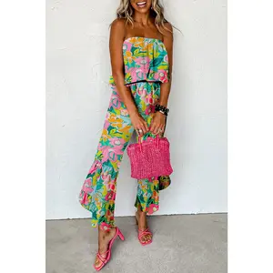 Green Mix Tropical Print Strapless Ruffled Jumpsuit