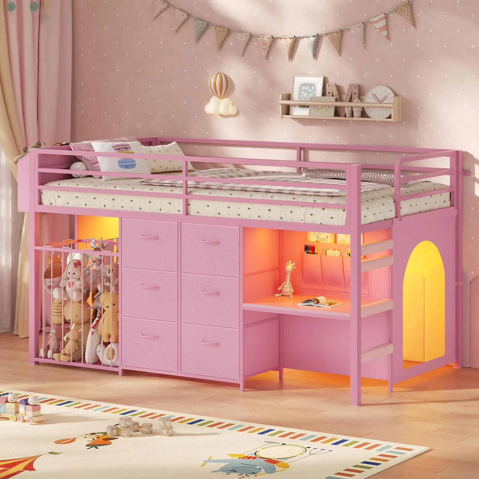 Twin Loft Bed with Desk & Stuffed Animal Storage, Twin Size Metal Bed with 6 Storage Drawers, LED Lights, Low Loft Bed with 13" H Safety Guardrail & Play Curtain, Under-Bed Play Space, Pink