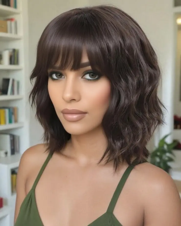 Women's 12in Heat Resistant Synthetic Short Layered Natural Brown Wavy Bob Wig with Bangs, Suitable for Daily Wear, Parties, Halloween