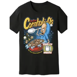 "Cornholi-O's" Beavis and Butthead Parody American Retro Black Short-Sleeved Unisex T-Shirt, Humorous Cereal Graphic, Casual Streetwear for Cartoon & Comedy Enthusiasts, Unique Quirky Pop Culture Fashion Statement Piece Funny Thanksgiving Crew Neck