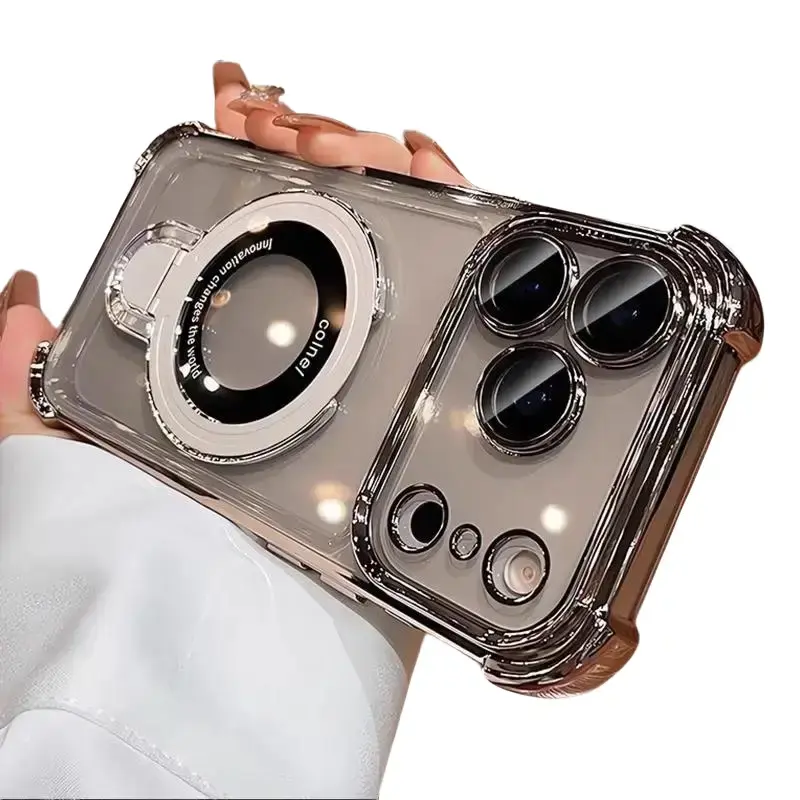 Stylish transparent acrylic phone case with magnetic stand, compatible with iPhone 17 Pro Max, 16 Plus/15/14/13/12/11 Pro, includes a camera lens protective film and drop protection.