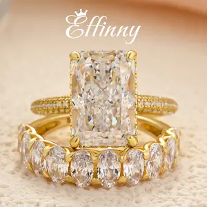 Effinny 6.0ct Elongated Radiant Cut Golden Wedding Ring Set In S925 Sterling Silver, 5A Cubic Zirconia Engagement Ring Set,Bridal Ring for Wedding, Party, Travel