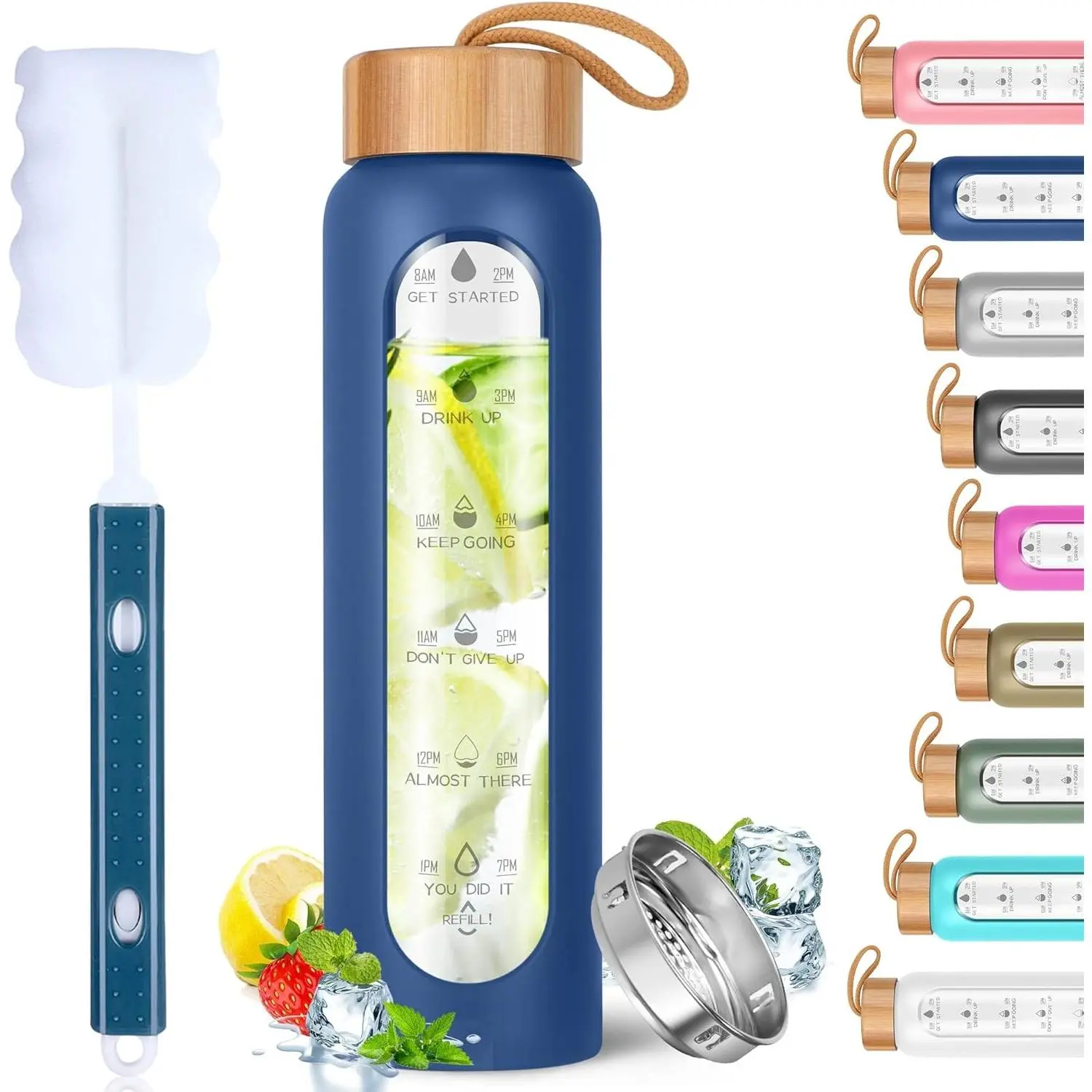 Glass Water Bottles 25 Oz with Silicone Sleeve - BPA Free Reusable  Glass Motivational Water Bottles with Fruit Infuser - Leak Proof Borosilicate Water Bottle with Time Marker (Blue)
