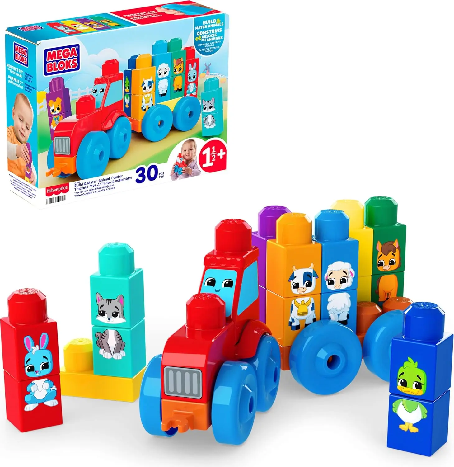 MEGA BLOKS First Builders Build & Match Animal Tractor Toddler Blocks Toy | 30 Pieces, Rolling Wheelbase, Learn Animals and Colors, Red and Blue, Preschool Kids Ages 1+ Years, Easy to Build