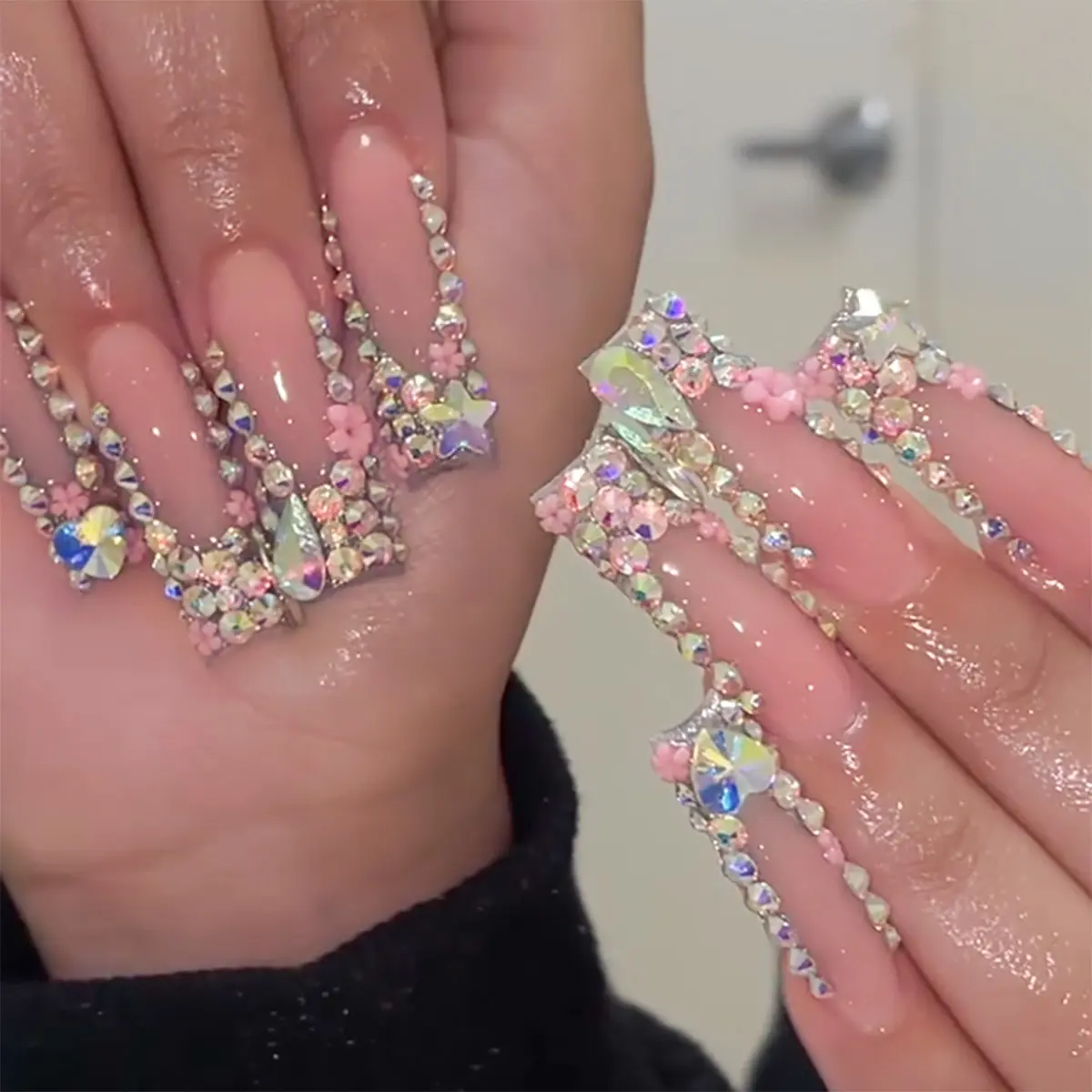 Luxury Rhinestone Press-On Nails Kit, 24PCS Long Square Reusable Glossy Y2K Heavy Bling Acrylic Fake Nails with French Tip for Party & Night Out Buy One Get One Free Fashion Set false nail