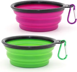 Dog Bowl Pet Collapsible Bowls, 2 Pack Collapsible Dog Water Bowls for Cats Dogs, Portable Pet Feeding Watering Dish for Walking Parking Traveling with 2 Carabiners (Small, Green+Purple) SLSON
