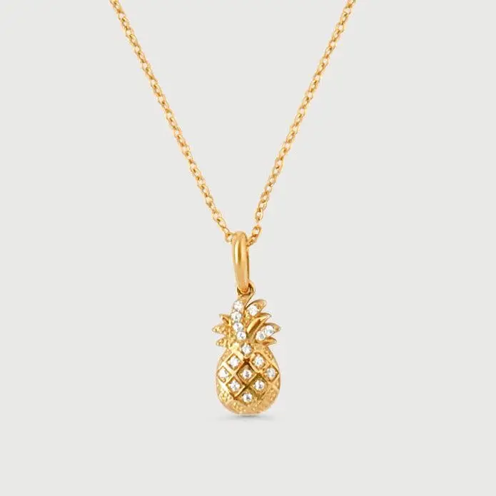 Mini Pineapple Necklace in Solid 14k Gold with Twinkling Crystals Symbolizing Warmth Friendship and Fertility