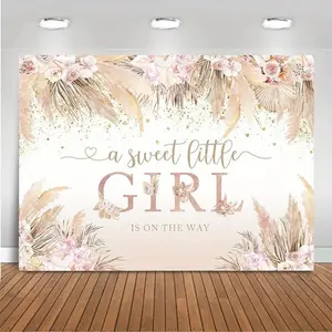 Flower & Letter Pattern Baby Shower Backdrop, 1 Count  Sweet Little Girl Is on The Way Party Cake Table Decorations, Photo Booth Background, Party Decorations Banners
