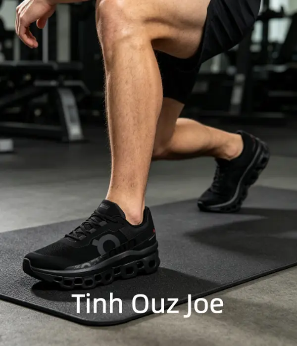 All Black Hollow Cloud Cushion Daily Fitness Running Trainers, wear-resistant lightweight breathable woven fabric upper, minimalist monochrome all-black sleek silhouette, ergonomic segmented hollow shock buffer sole, rugged durable traction outsole
