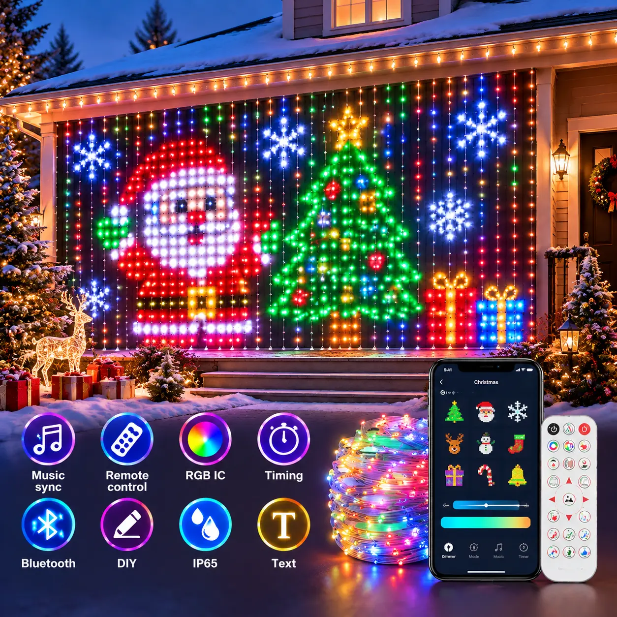DIY RGB LED Curtain Lights - 400LED, 6.6ft x 9.8ft, App & 24-Key IR Remote Control, Music Sync, Custom Text/Pictures/Animations, Easy to Install Home Wall Decor for Party, Holiday