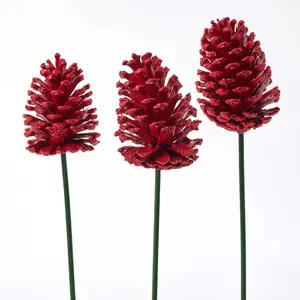 Red Painted Pinecone with Red Glitter Tip on Green Wood Pick - Set of 3