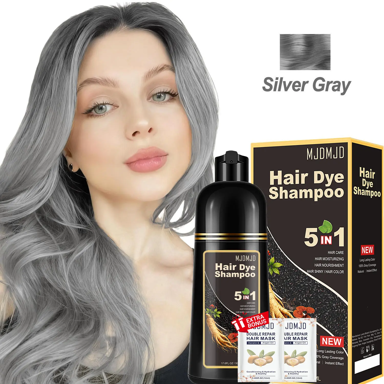 Silver Gray Hair Dye Shampoo 3-in-1 with Hair Mask, Instant Gray Coverage for Women & Men, Natural Long-Lasting Silver Hair Color in Minutes, Nourishing Champu Para Canas for All Hair Types, 16.9 Fl Oz