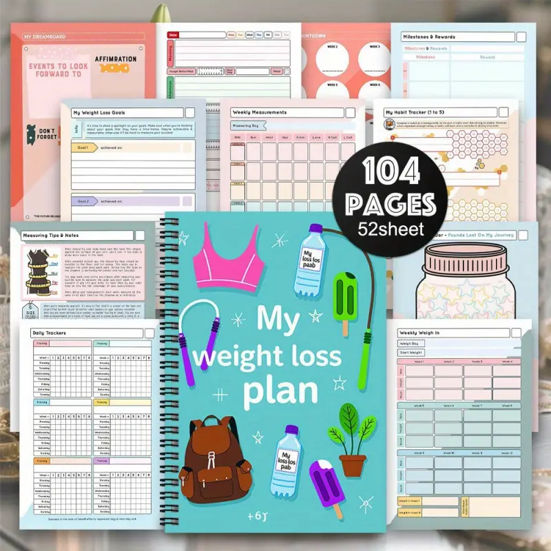 1-Stop Weight Loss Plan, Health Journal, Planner - Guided fitness program with monthly/weekly workout logs, progress tracking, nutrition & exercise tracking, goal setting - Diet & fitness plans, food diary, progress charts - Sui