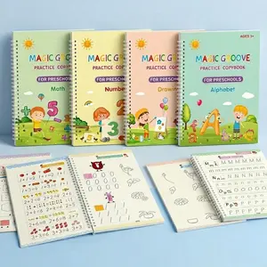 Reusable Grooved Handwriting Workbook for Kids, Learning Materials, 4 Books–Early Elementary, Covers Math, Words, Drawing –Gift for Children Preschool Alphabet Tool Preschool Development Kit