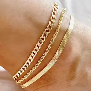 3Pcs Gold Ankle Bracelets Set for Women, 14k Gold Plated Waterproof Cuban Link Chain Anklets Set, Layered Anklet Bracelets for Women Beach Gift Adjustable Size