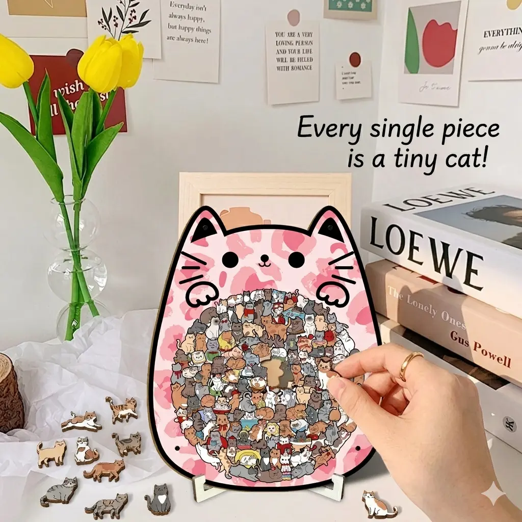 Cozy Cat Shaped Wooden Puzzle-135Pcs Irregular Cat Pieces Kids Educational, Stress Relief Room Decor, Perfect Gift for Cat Lovers, Single/Bundle Set Available, Stress Relief Decorative Puzzle Toy, Creative Gift for Cat Lovers Adults & Kids,DealsForYouDays
