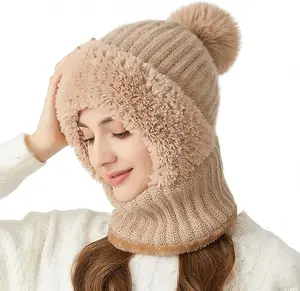 Women Warm Winter Hat Fluffy One-Piece Beanie Hat Fleece Face Mask Neck Scarf Set Earmuff Ski Snow Knit Hats