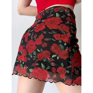 Red Rose Printed Sexy High Waist Mesh Slim All-Matching Sheath Skirt