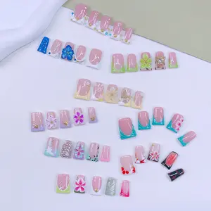 Y2K Style 3D Flowers collection Fake Nails, Handmade 3D Flower & Hand Drawn Design And Sparkling Rhinestone & Bow Decor Duckbill Shaped Duck Nails, 10pcs/set Glossy Handmade Press On Nails, For Women & Girls DlY Nail Art, Nail Supplies