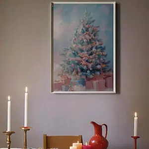 Cozy Snowy Christmas Tree and Gift Unframed Wall Art, Canvas Decor for Living Room, Festive Posters for Holiday Party, Modern Home Decor