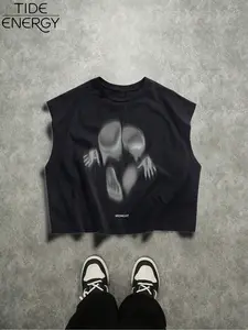 Men's Dark Art Fuzzy Skull Skeleton Sleeveless T-Shirt, Breathable Casual Oversized Short Vest, Perfect for Layering and Urban Fashion, Streetwear