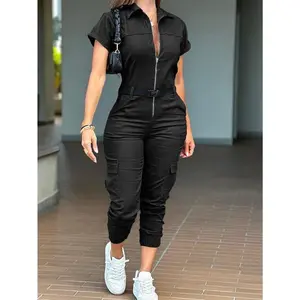 2025 New Women's Fashion Zipper Jumpsuit Short Sleeve Lapel Multi-Pocket Belt Jumpsuit