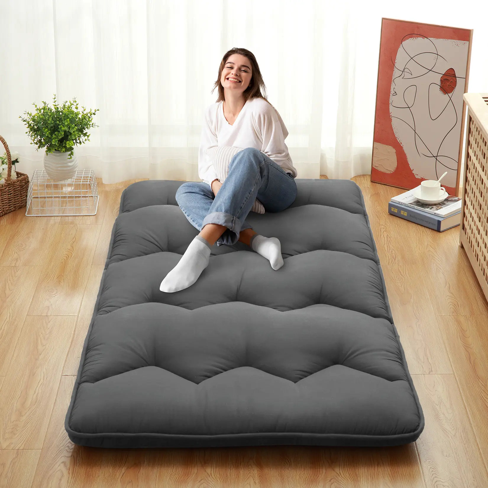 Japanese Futon Floor Mattress,3 Inch Thick Collapsible Tatami Mat,High Density Foam Support,Portable Roll Up Sleeping Pad for Guest Rooms, Dorms, Camping, Small Spaces