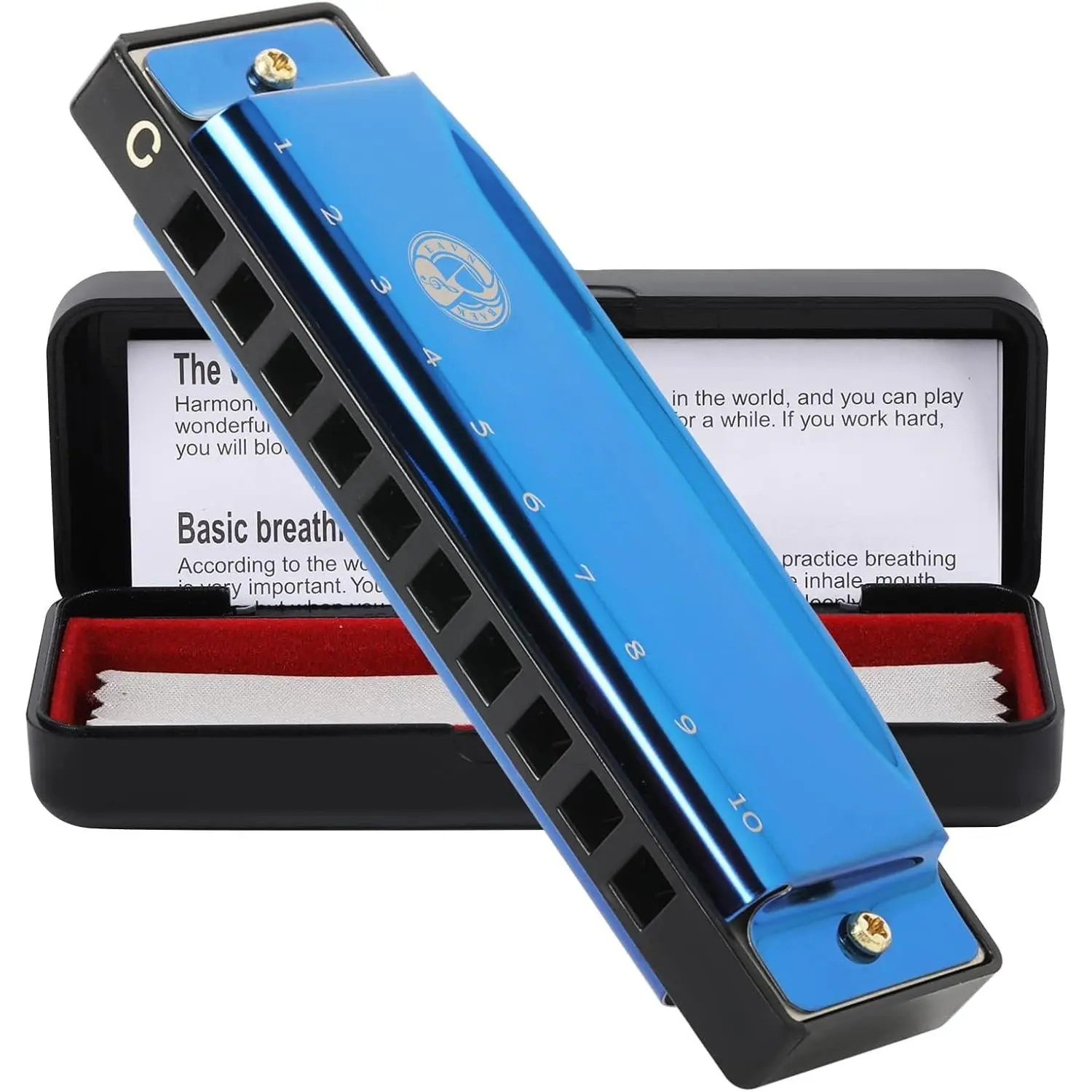 10 Holes 20  Blues Harp Mouth Organ Harmonica, Diatonic Blues Harmonica Key of C, For  Adults Student Beginners Professionals, with Hard Case and Cleaning Cloth (Blue)