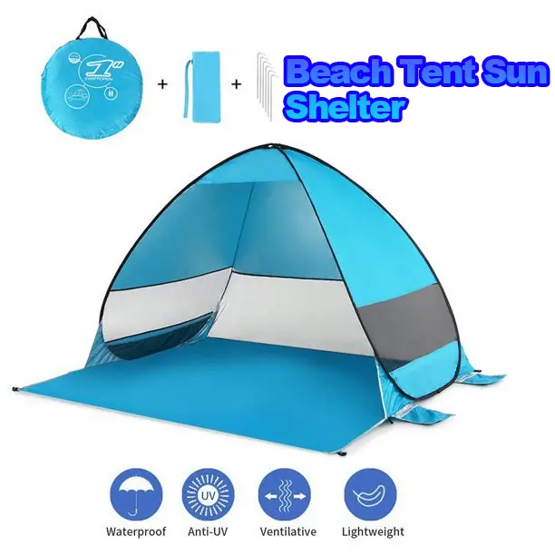 UPF 50+ 3-Person Pop-Up Beach Tent – Waterproof PE Floor, 3 Mesh Windows, Portable Sun Shelter for Camping, Fishing & Backyard