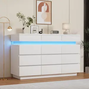 Garvee 9 Drawer Dresser for Bedroom, 59" Wooden Dresser with LED Lights and Large Storage Drawers, Modern Dressers & Chests of Drawers with Anti-Tipping Design for Living Room Bedroom (White, 12 Drawers)