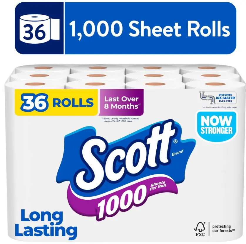Scott 1000 Toilet Tissue, 36 Rolls, 1000 Sheets Per Roll