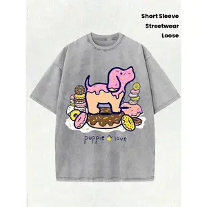 Men'S Casual  T-Shirt with "Puppy Love Doughnuts" Print - 100% Pure , Loose Fit, Short Sleeve, Crew Neck, Hot Stamping, Summer Streetwear, Doughnut Graphic Tee |   Relaxed Fit Tee |    Tshirt