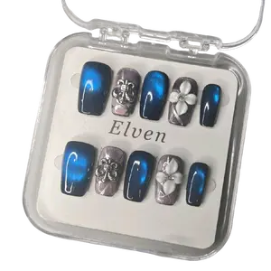 Blue Gradient Handmade Short Square Press on Nails Art Stickers with Silver Floral Accents for Manicure S M L Sizes Flower Design Rhinestone