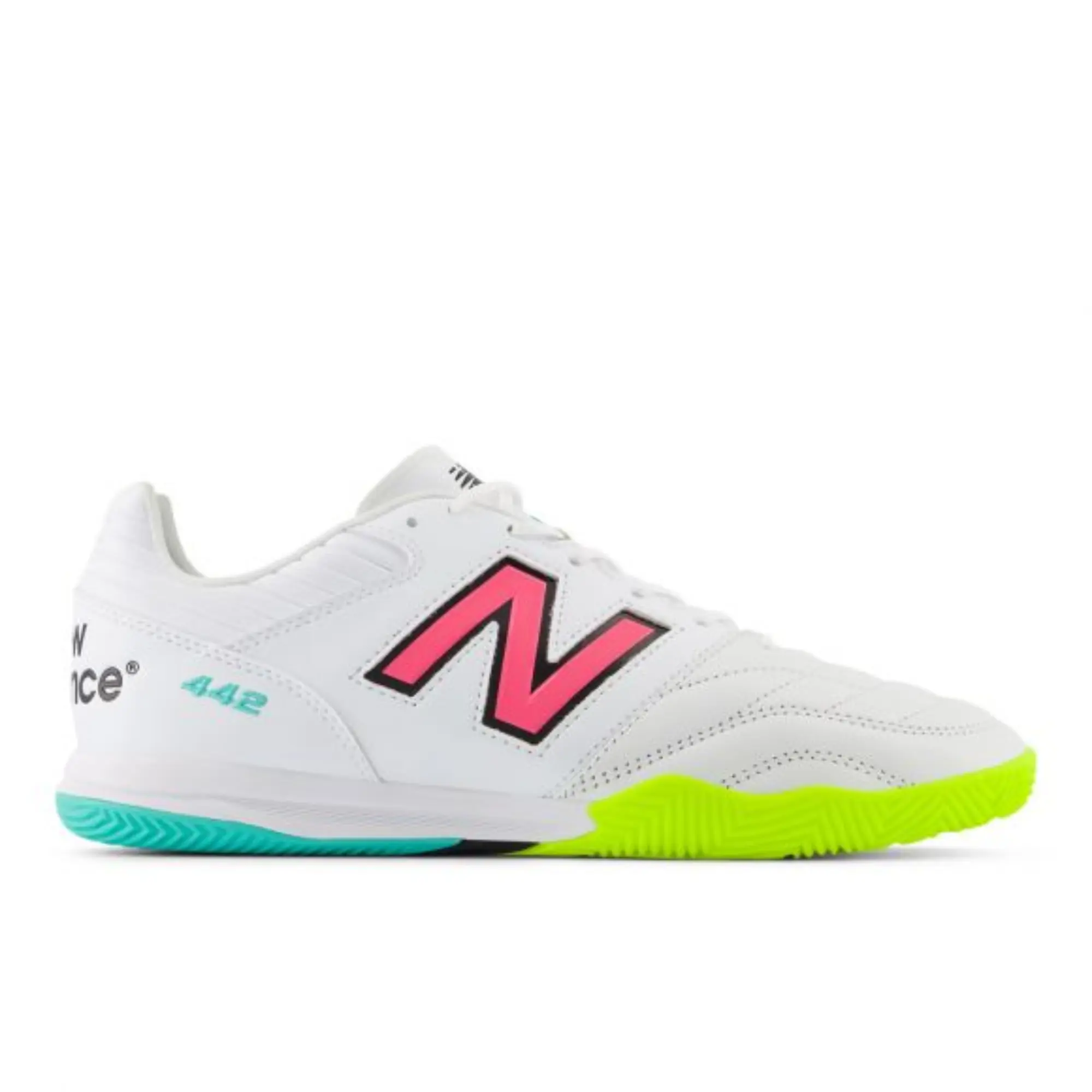 New Balance 442 Pro Indoor V2 White Hi-Lite Neon Pink Soccer Shoes Futsal Shoes Premium Leather Upper Lace-Up Indoor Court Football Trainers Non-Marking Rubber Outsole Cushioned Midsole Lightweight Performance Shoes Adult Unisex