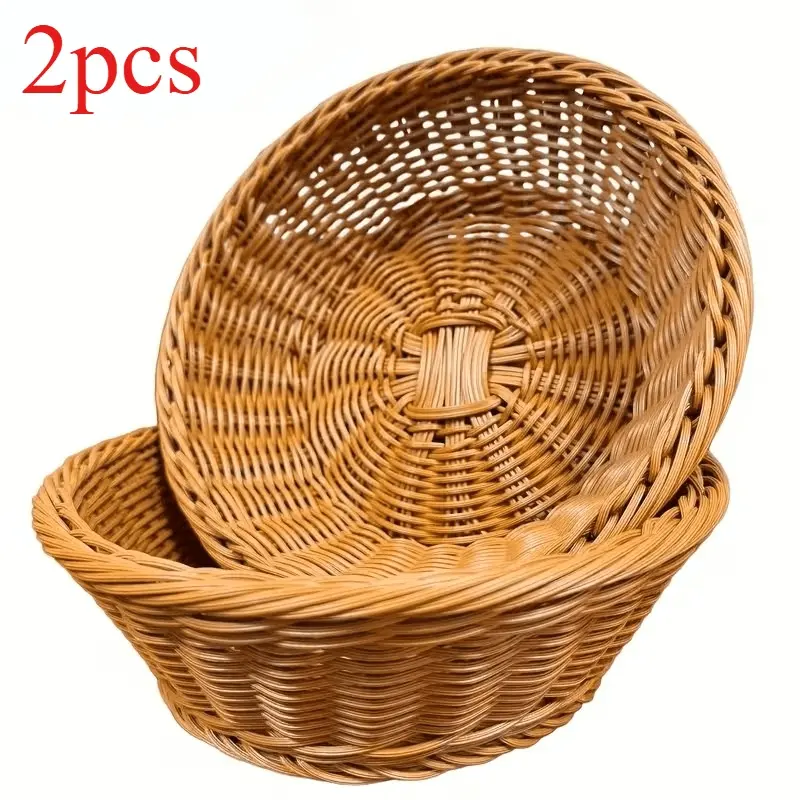 2pcs Set/Brown Faux Rattan Storage Basket, Baskets for Organizing, Living Room Kitchen Food Storage Organizer Floating Bowl Storage Basket, Suitable for Restaurants. Halloween, Christmas Scene Application, Shelf Baskets