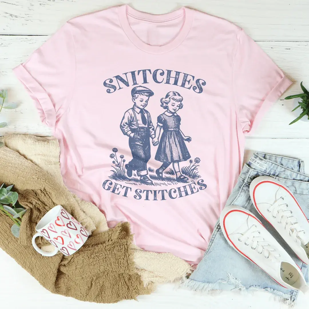 Women's "Snitches Get Stitches" Graphic T-Shirt - Casual Relaxed Fit, Short-Sleeve Round Neck, Soft Breathable Sporty Fabric, Pair with Jeans & Leggings, Statement Piece, Tee