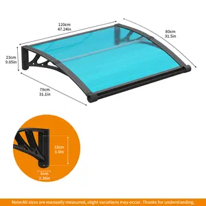 Large Drainage Sink Awning Canopy for Door Entrance Blue 32-120 Inches ABS Plastic Bracket Polycarbonate Cover UV Rain Snow Protection for Porch Patio Deck Wall Mounted Easy Installation