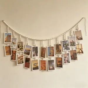 Wooden Bead Garland with 22 Clips – Boho Style Hanging Photo Display, Collage Picture Frame for Dorms, Bedrooms, Classrooms