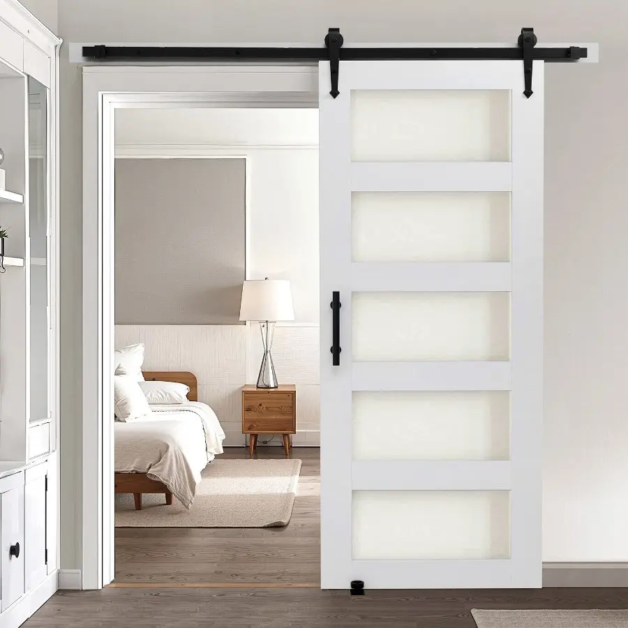 VEVOR Sliding Barn Door, 36x 84 inch, High-Strength MDF Panel and Glass, Barn Door with Hardware Kit, Water-Proof PVC Surface, Easy to Install, H-Frame, Smoothly and Quietly Sliding for Living Room