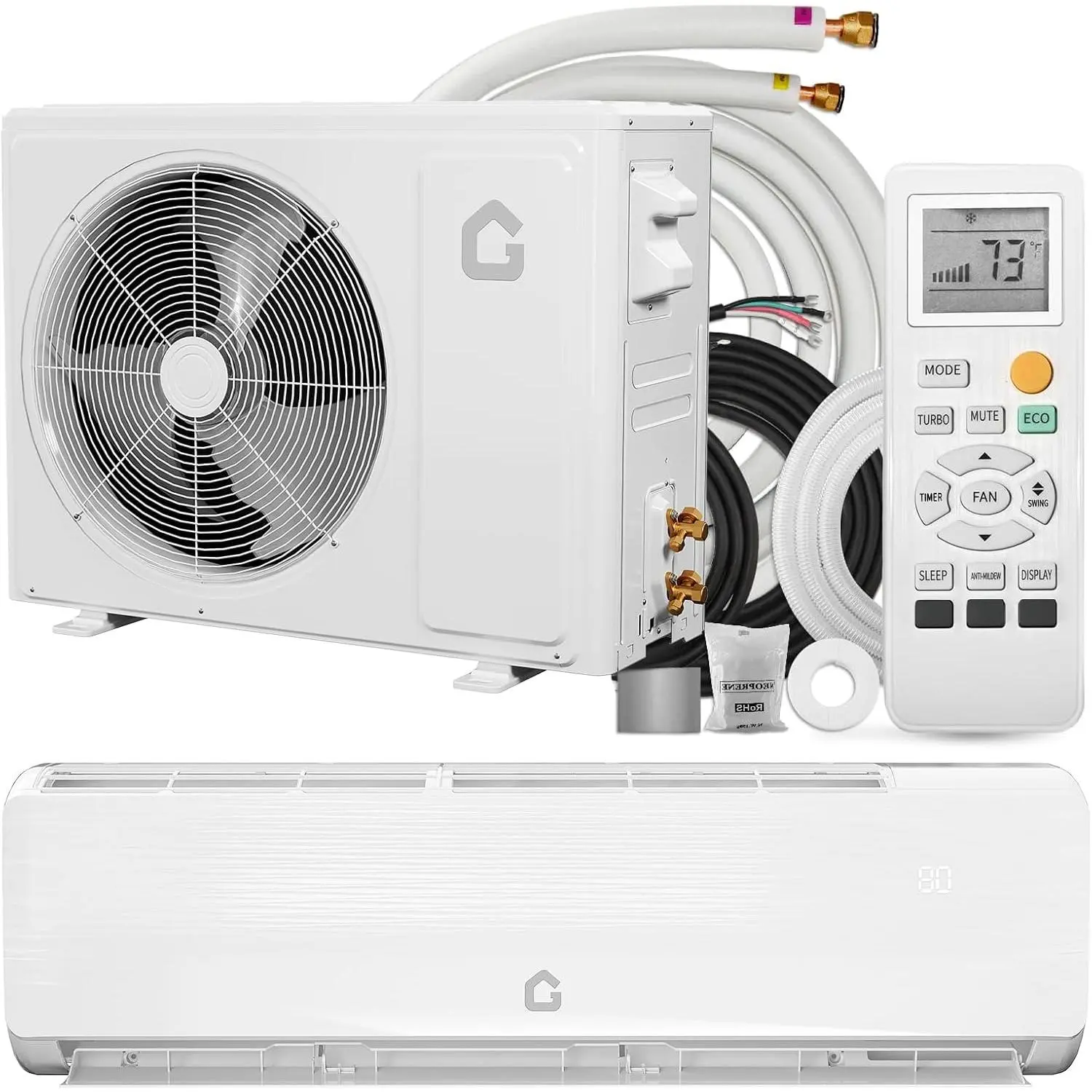 18000 BTU 19 SEER mini split wall mounted air conditioning and heat pump -230V variable frequency ductless system - cooling and heating up to 1250 square feet of rooms - R32 series - including installation kit - white, air conditioner