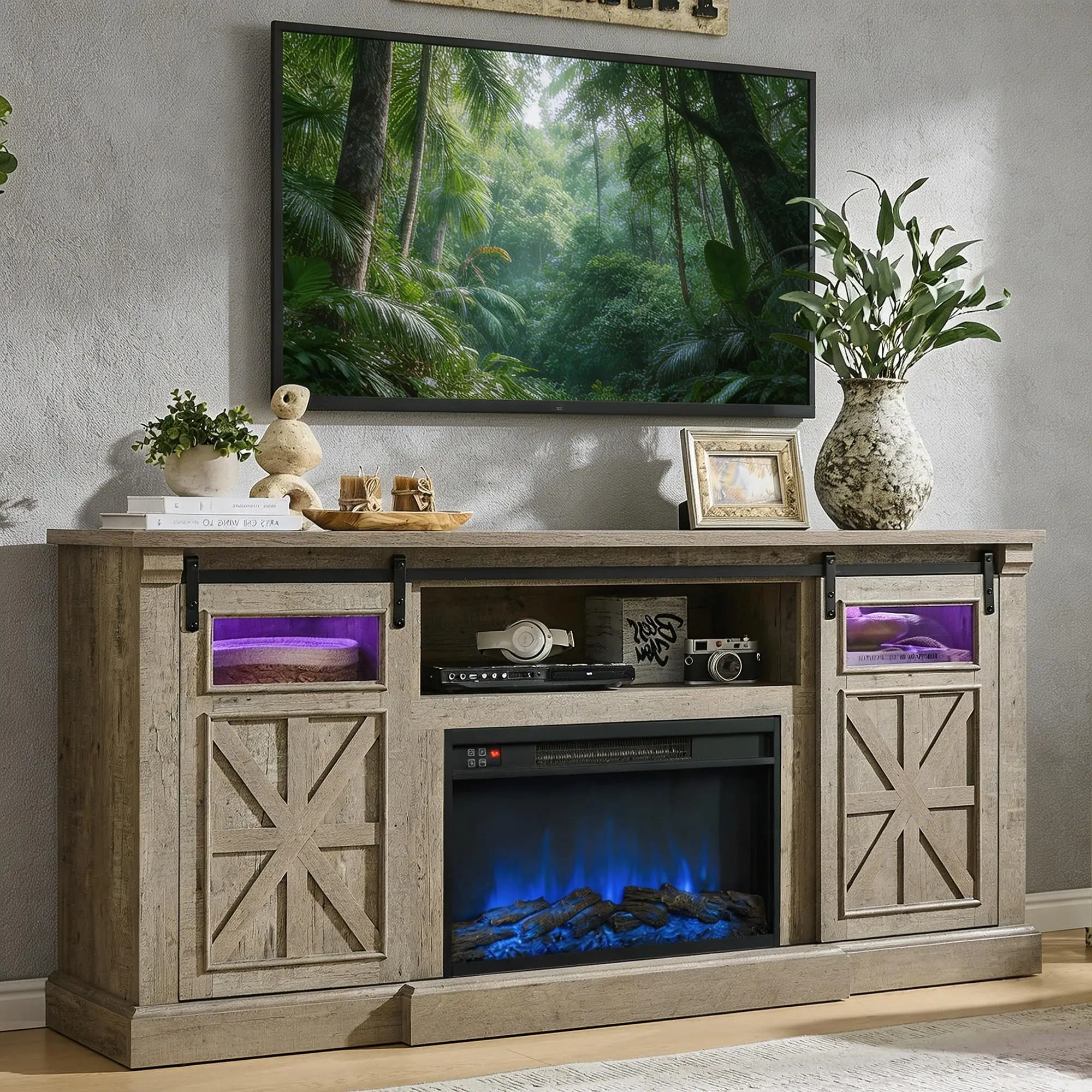Fireplace TV Stand for up to 80 Inch TVs, 32’’ Tall LED Entertainment Center with Electric Fireplace, Farmhouse TV Console Table w/Sliding Barn Door & Window for Living Room, Rustic Gery