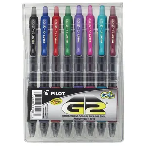 PILOT 087181 G-2 Retractable Water Resistant Gel Roller Ball Pen, Fine Tip, Assorted Color, Pack Of 8