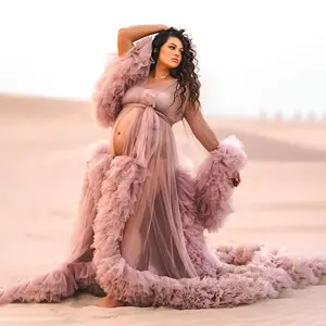 Maternity Dress for Photo Shoot, Tulle Maternity Gown, Baby Shower Photoshoot Dress, Boho Maternity Gown, Wedding Guest Dress, Gift for Her Womenswear Elegant Dusty Pink Sleeveless Ruffle