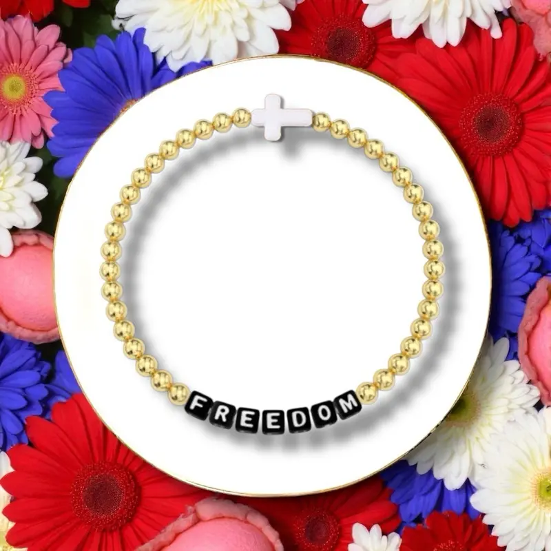 Reversible Freedom Bracelet with White Stone Cross - Custom Word Bracelets - USA - Trendy - Preppy