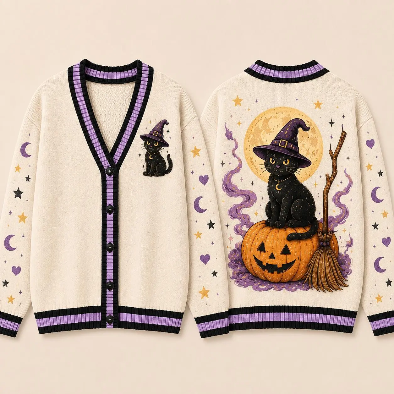 Black Cat Halloween Cardigan with Pumpkin, Moon & Witch Hat Design – Cream Witchy Button-Up Knit Sweater, Cute Spooky Fall Gift for Women
