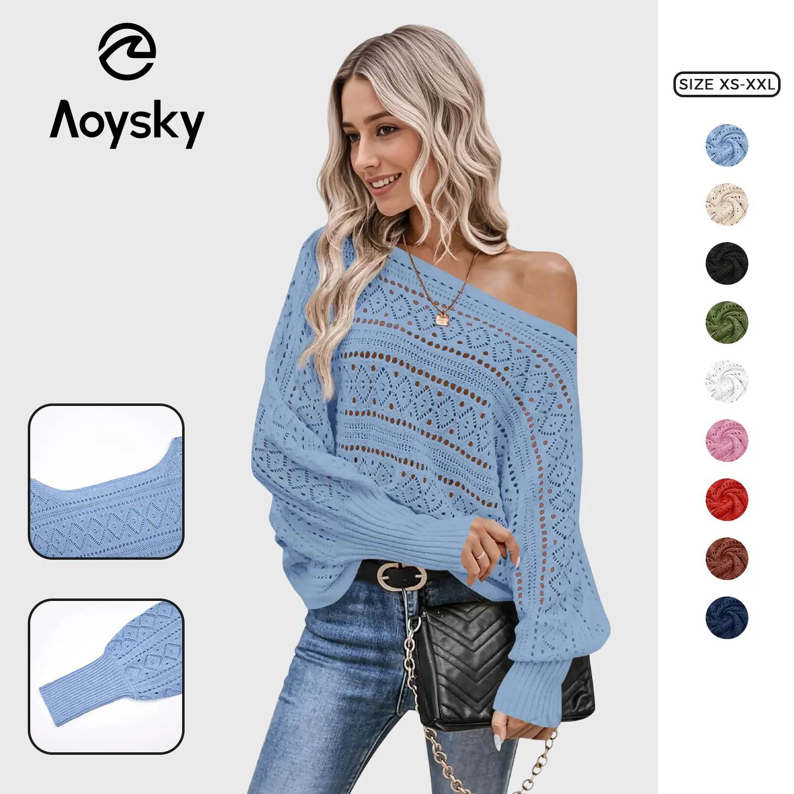 Aoysky Women's Off-Shoulder Knit Pullover Top - 2026 Fall Casual Polyester Long Sleeve Collared Batwing Oversized Fitted Crochet Clothes, Shoulder Women's Pull-On Pullovers