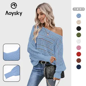 Aoysky Womens Off The Shoulder Sweaters Fall 2026 Oversized Knit Batwing Long Sleeve Crochet Pullover Sweater Tops