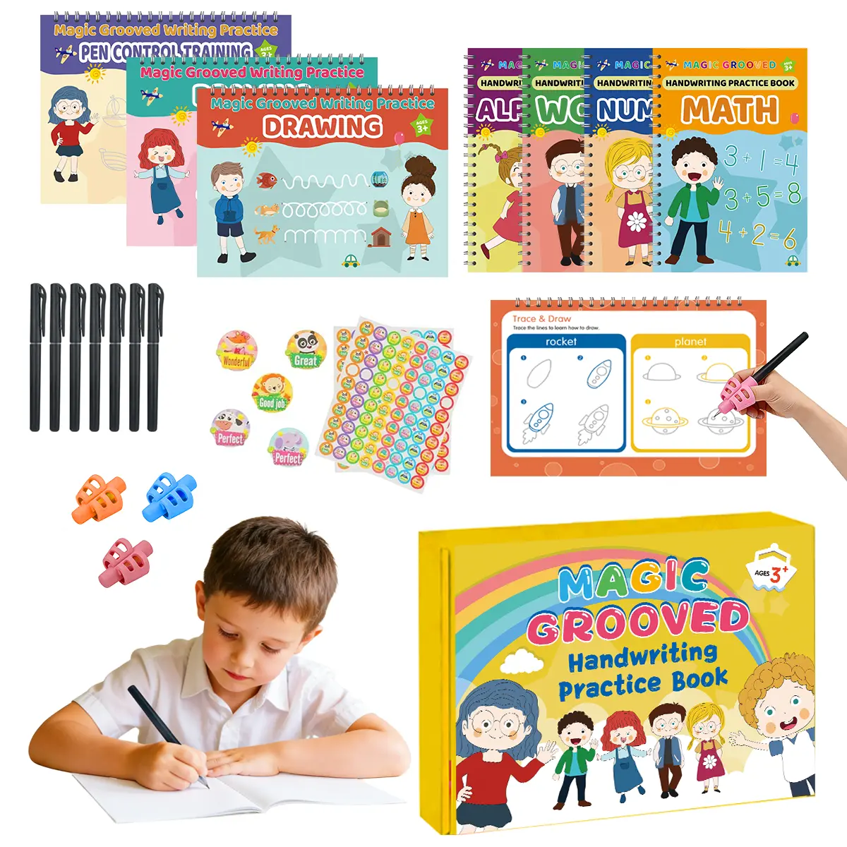 Reusable 3D Groove Handwriting Set for Ages 3+ | Disappearing Ink Alphabet, Numbers, Math & Drawing Copybooks with Pen Holding Aids