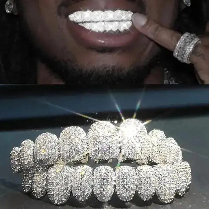 Big Shining Bling Bling Iced Out Teeth Grillz Hip Hop Top & Bottom Grills Dental Mouth Punk Teeth Caps Cosplay Party TG134 Oral Accessory Masks